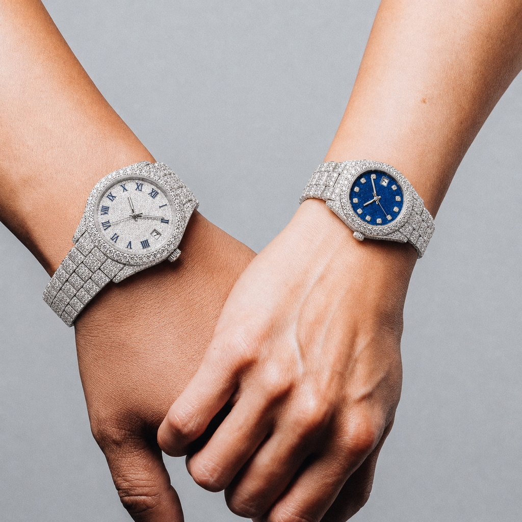 Full Iced Couple Watch Set with White & Blue Dial