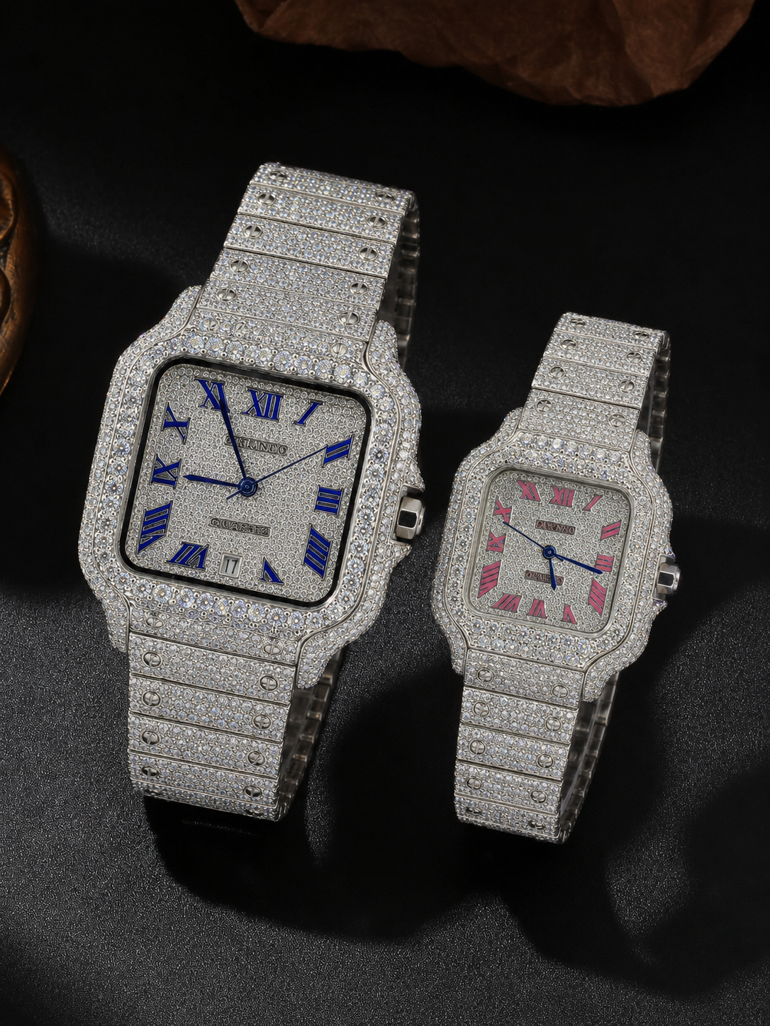 Full Iced Silver Square Couple Watch Set with Blue & Pink Roman Dial