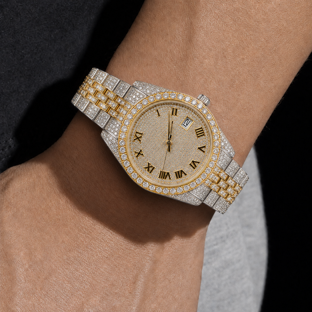 Two-Tone Full Iced Roman Dial Moissanite Watch