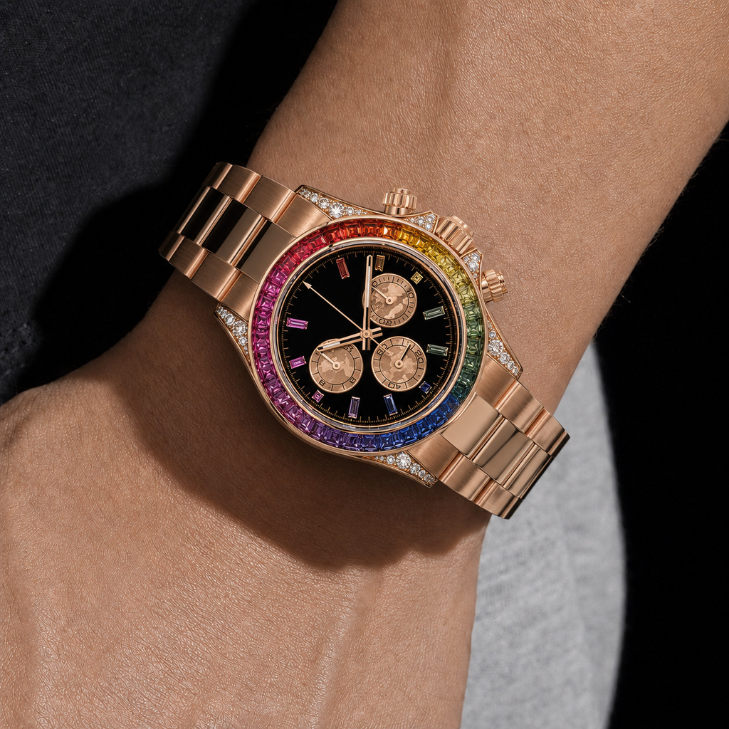 Rose Gold Rainbow Baguette Bezel Chronograph Watch with Black Dial