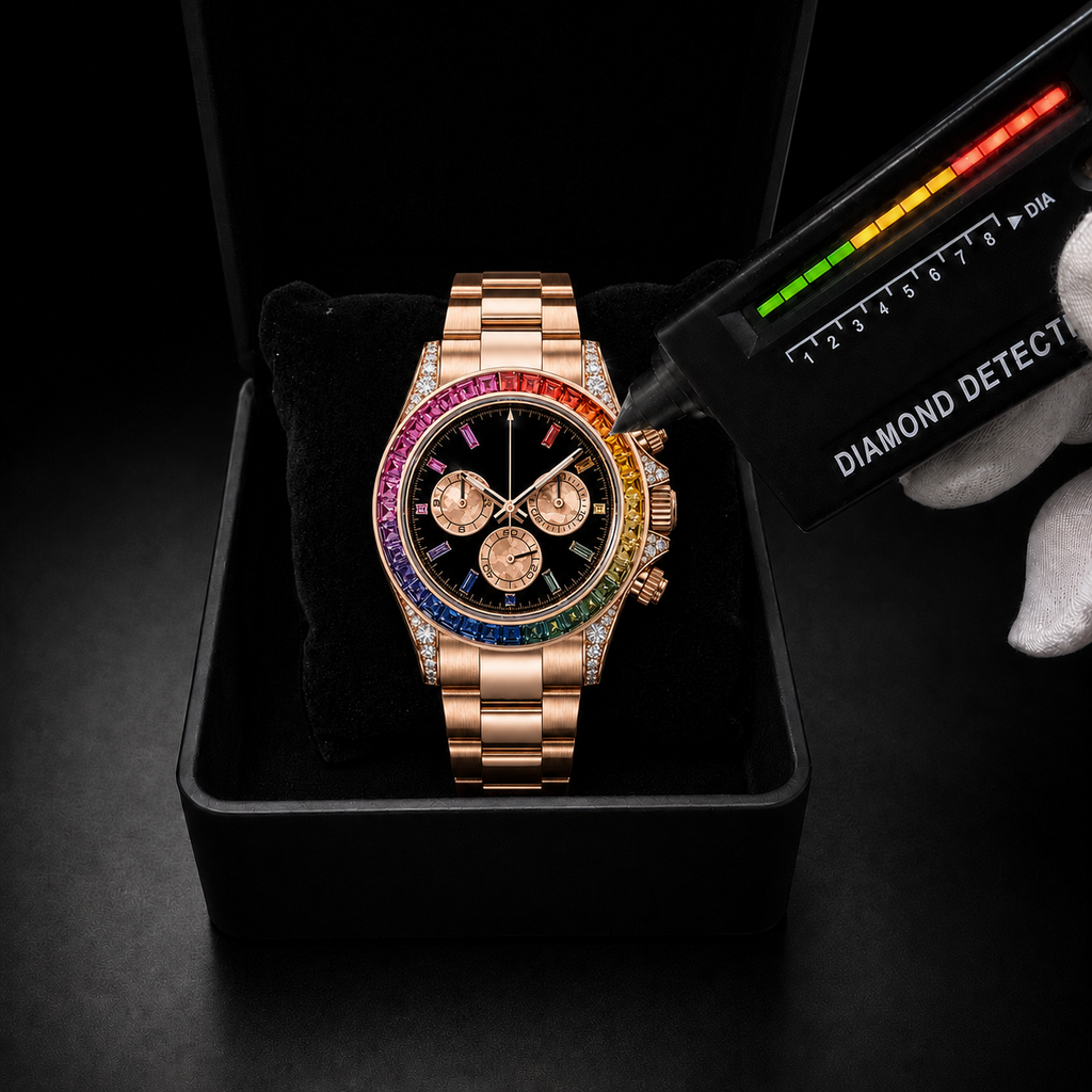 Rose Gold Rainbow Baguette Bezel Chronograph Watch with Black Dial