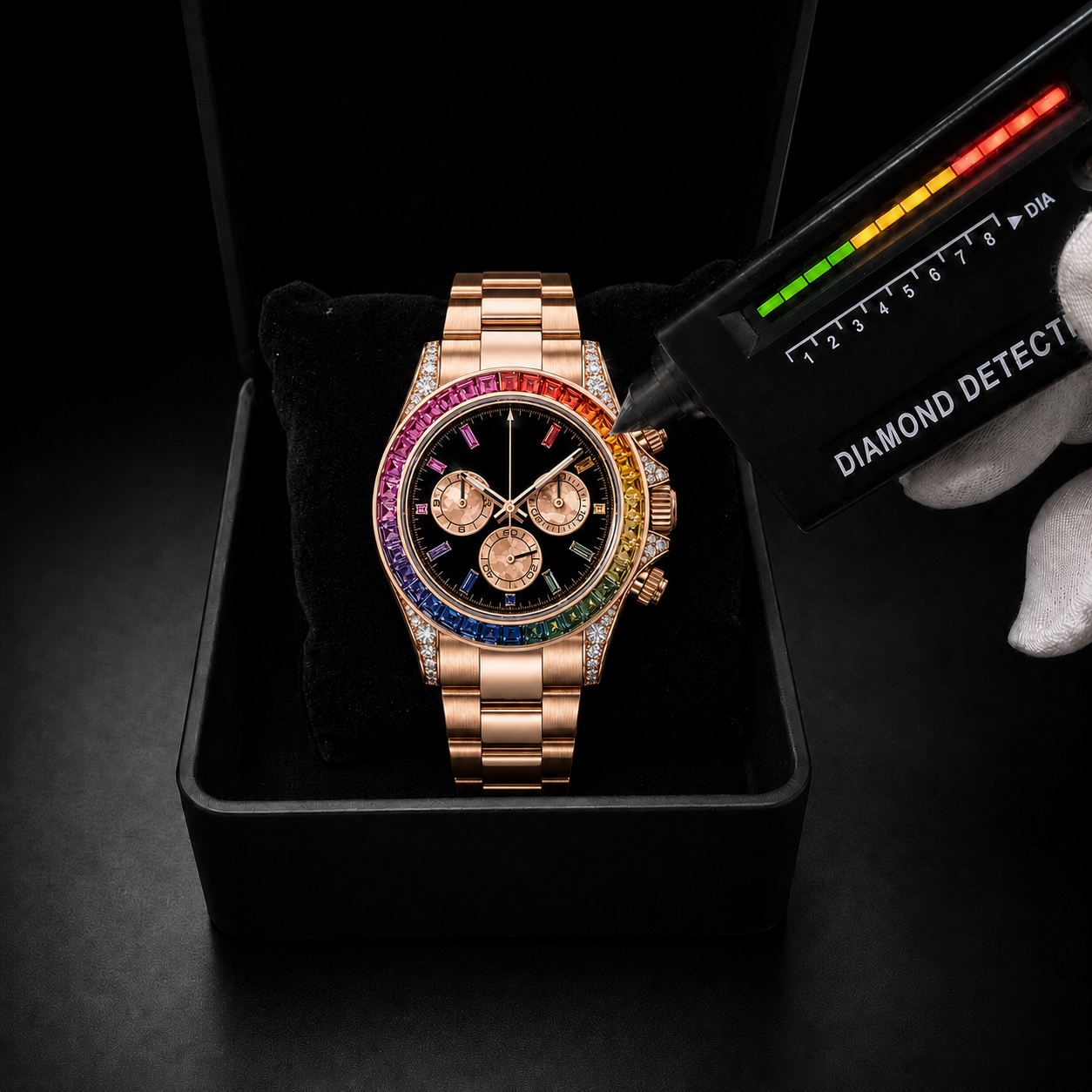 Rose Gold Rainbow Baguette Bezel Chronograph Watch with Black Dial