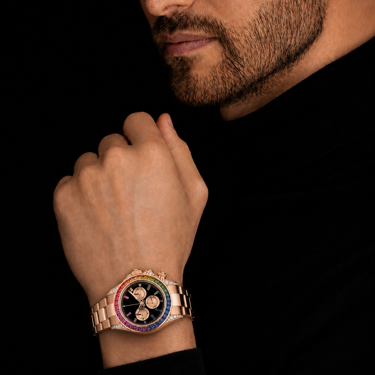Rose Gold Rainbow Baguette Bezel Chronograph Watch with Black Dial