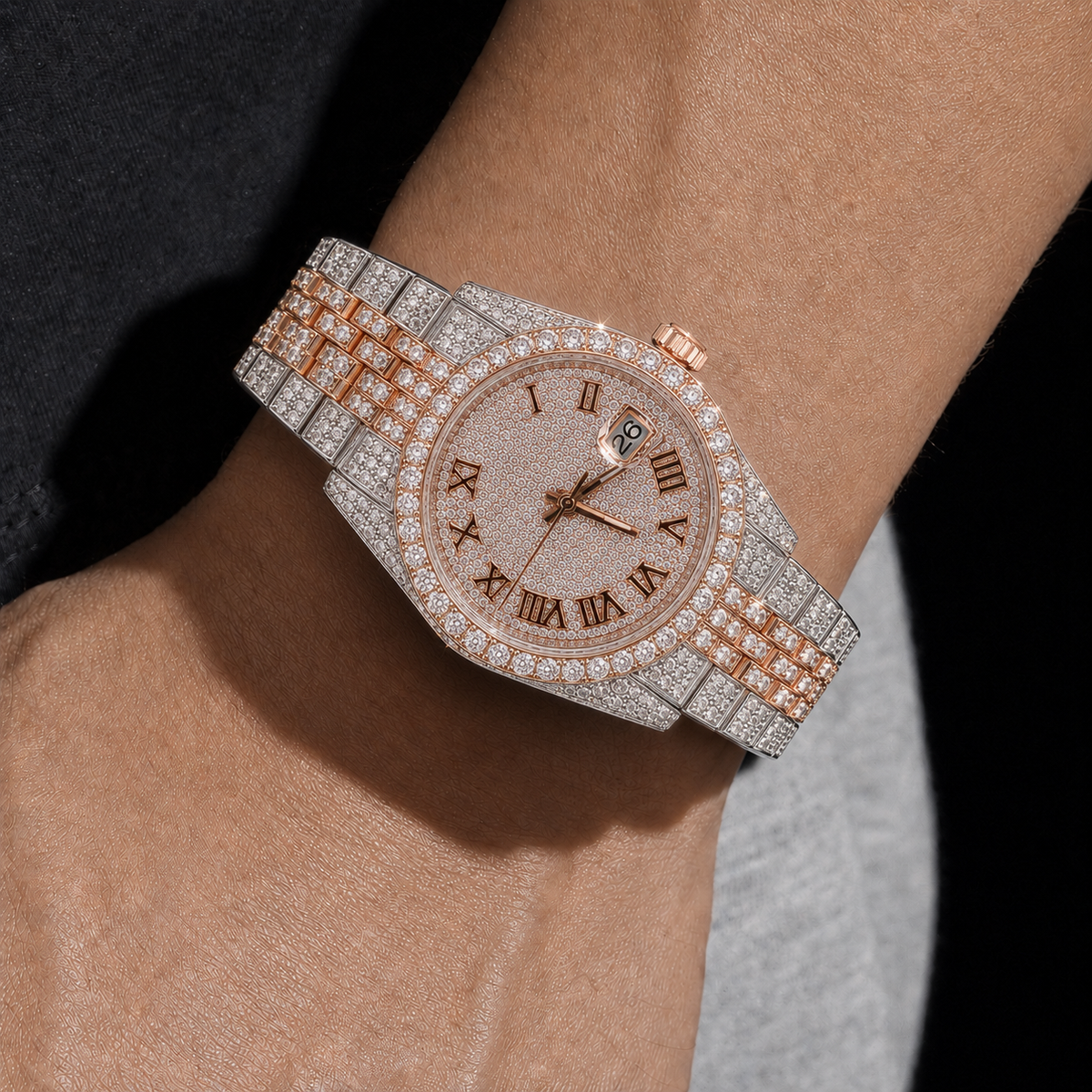 Two-Tone Rose Gold Iced Moissanite Watch with Roman Dial
