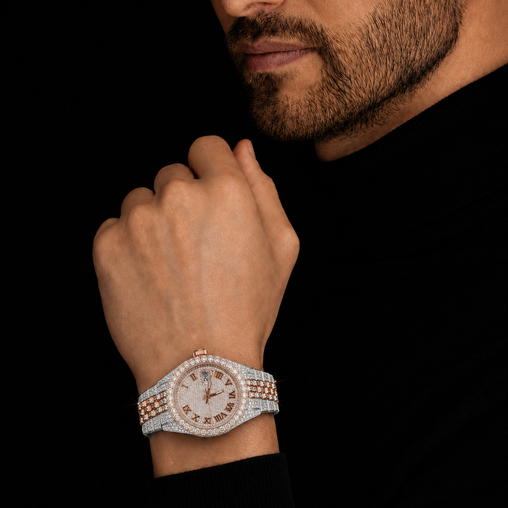Two-Tone Rose Gold Iced Moissanite Watch with Roman Dial