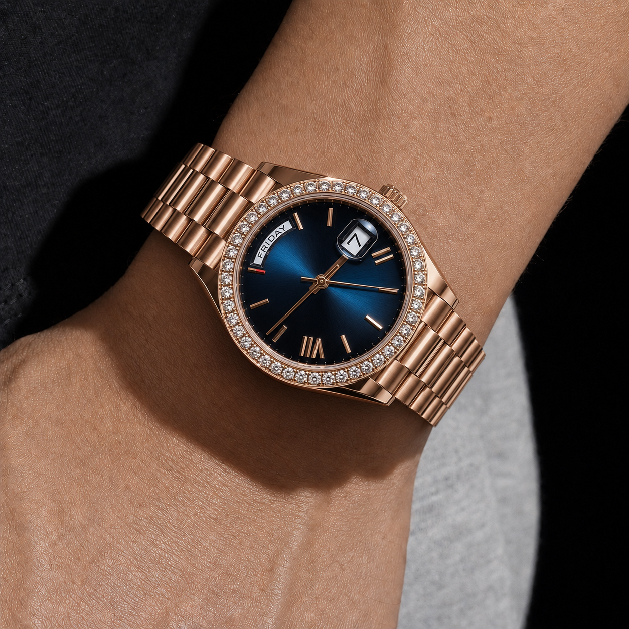 Rose Gold Blue Dial Moissanite Bezel Watch with Day-Date Display