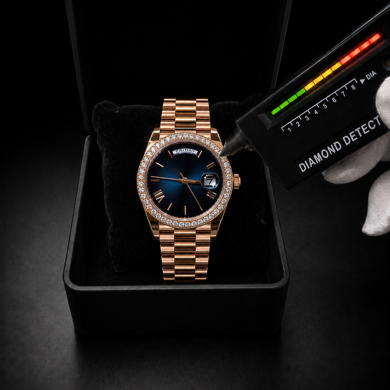 Rose Gold Blue Dial Moissanite Bezel Watch with Day-Date Display