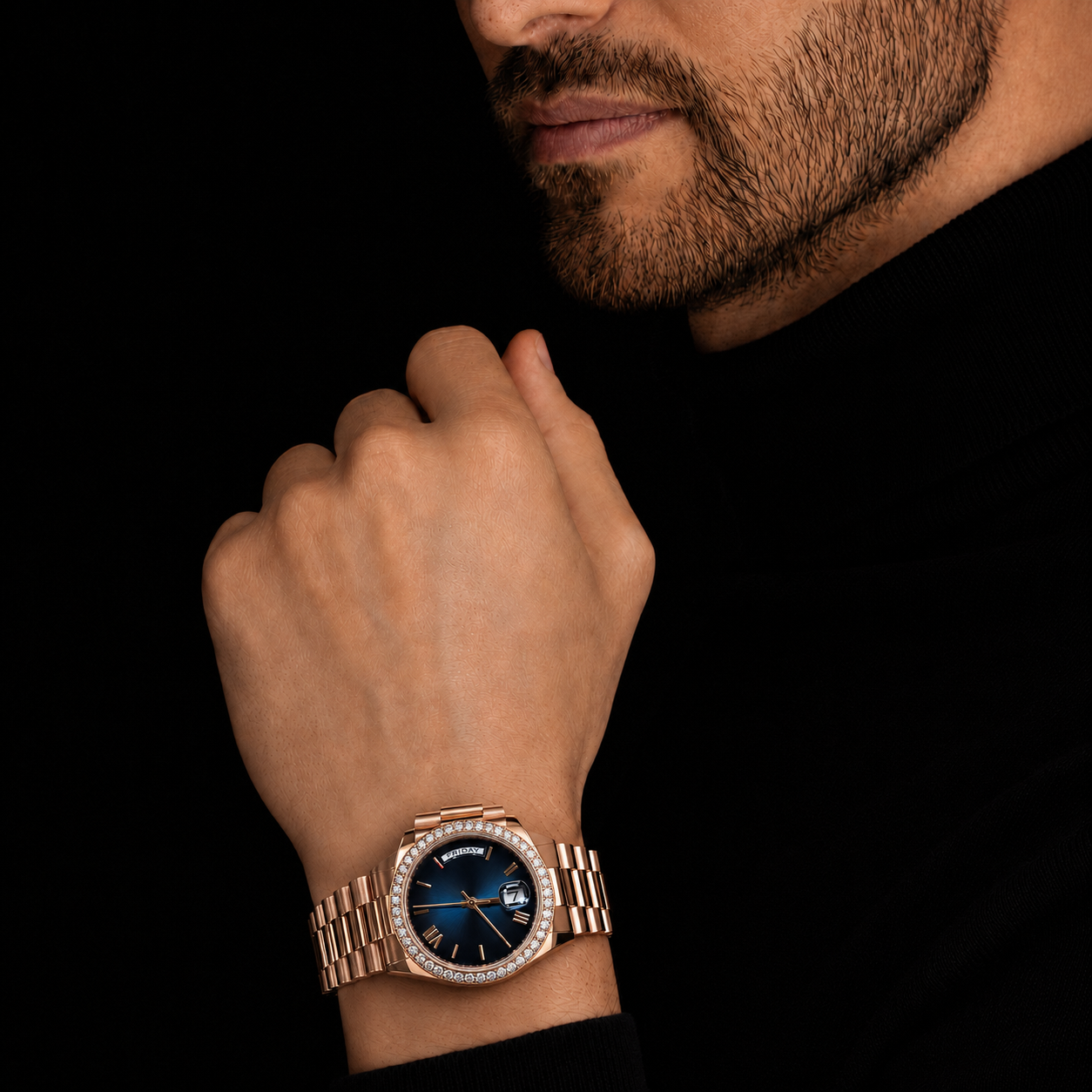 Rose Gold Blue Dial Moissanite Bezel Watch with Day-Date Display