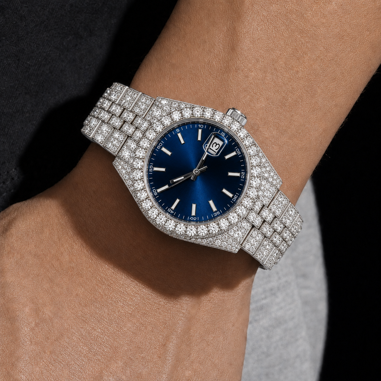 Full Iced Silver Blue Dial Moissanite Watch with Date Display