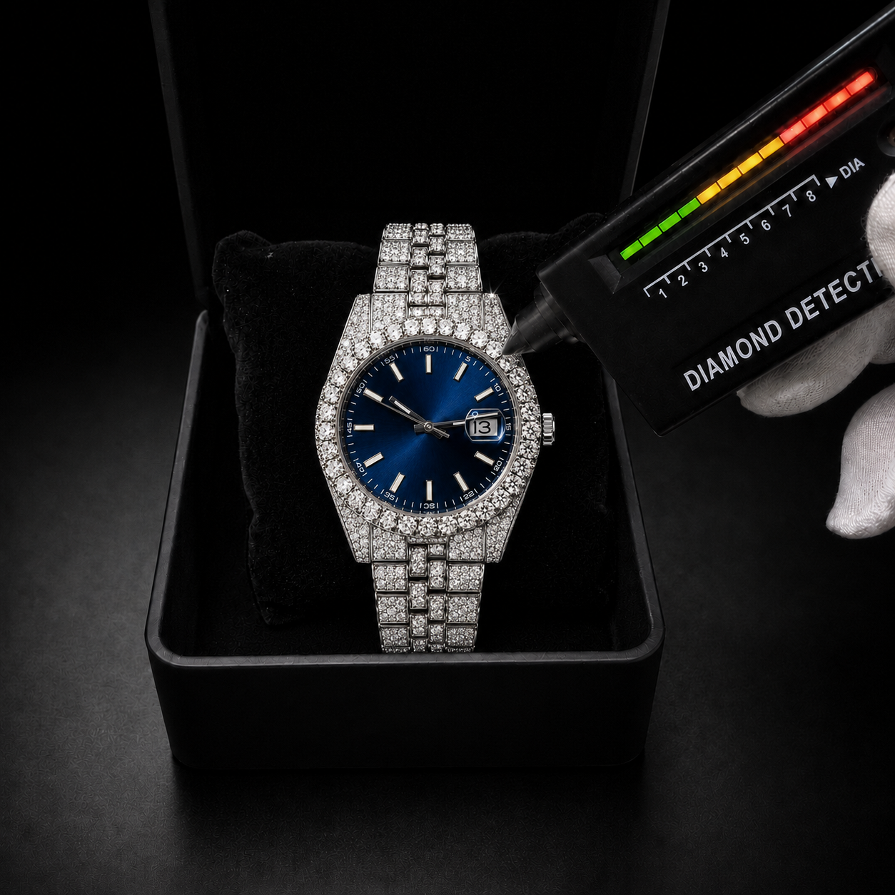 Full Iced Silver Blue Dial Moissanite Watch with Date Display