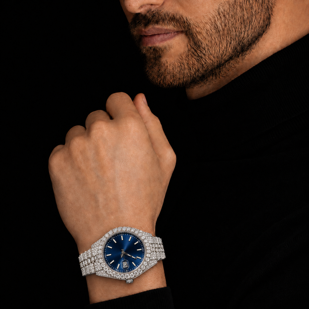 Full Iced Silver Blue Dial Moissanite Watch with Date Display