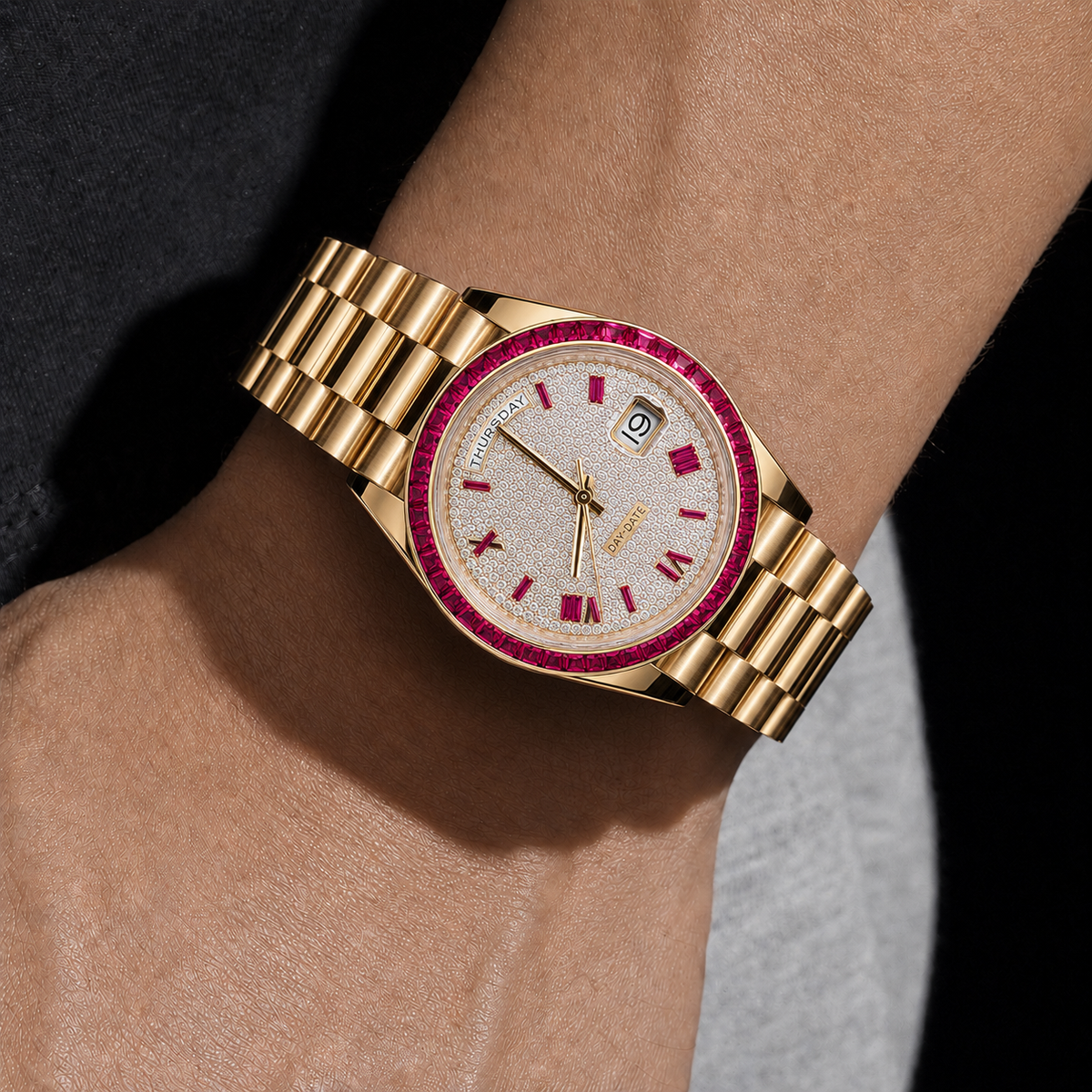 Gold Pink Baguette Bezel Iced Moissanite Watch with Day-Date Dial