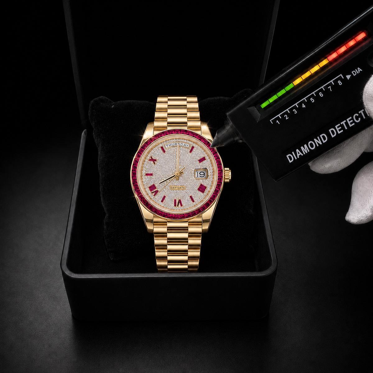 Gold Pink Baguette Bezel Iced Moissanite Watch with Day-Date Dial
