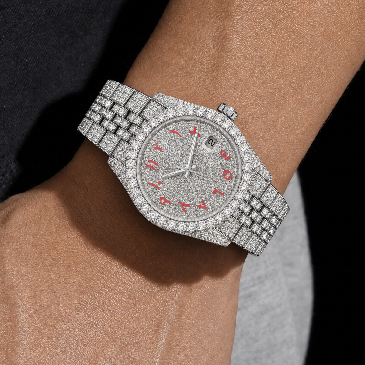 Full Iced Silver Arabic Dial Moissanite Watch with Red Numerals