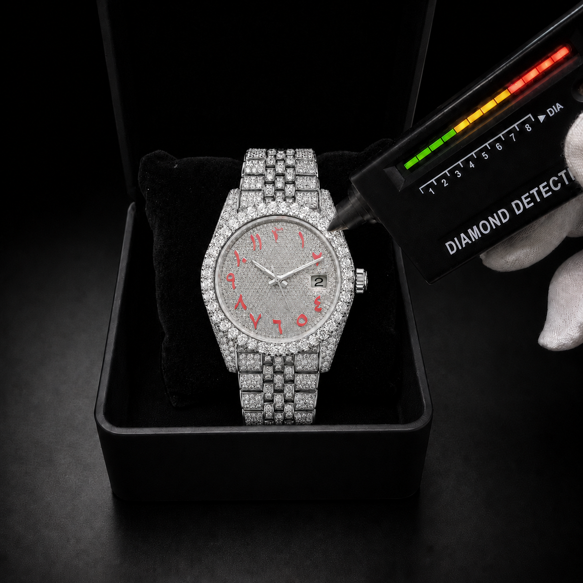 Full Iced Silver Arabic Dial Moissanite Watch with Red Numerals