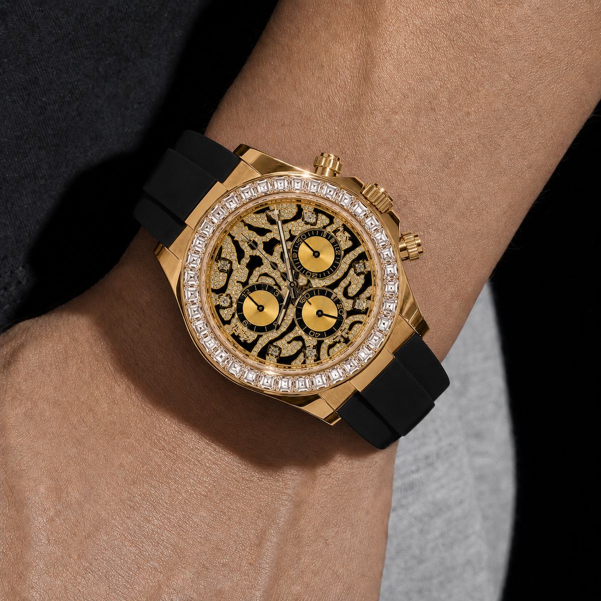 Gold Skeleton Chronograph Moissanite Watch with Black Rubber Strap