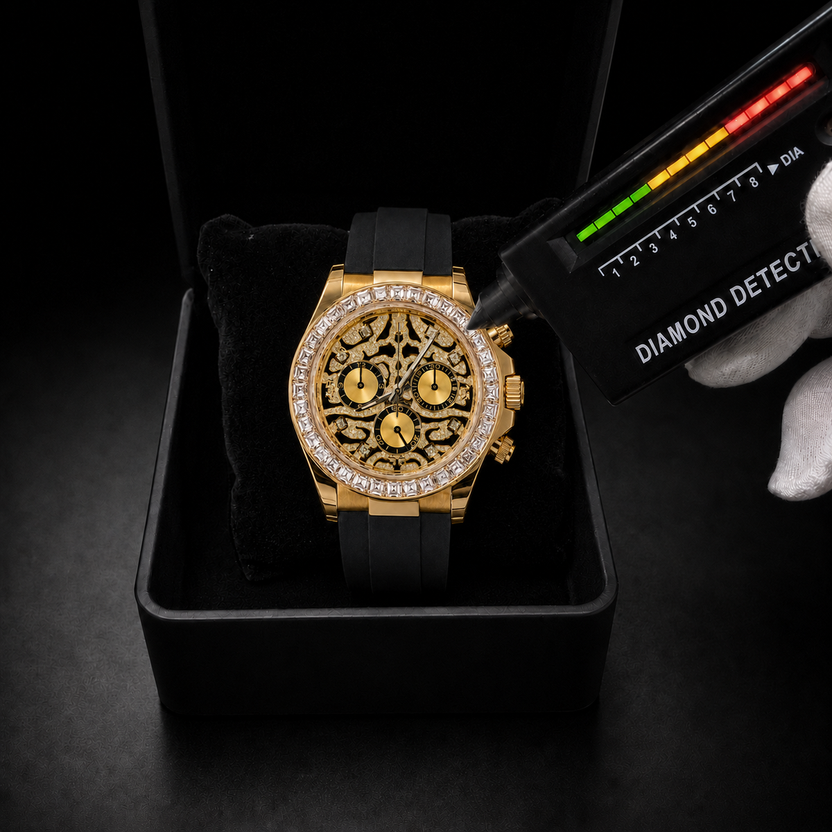 Gold Skeleton Chronograph Moissanite Watch with Black Rubber Strap