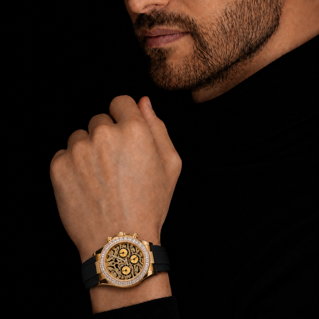 Gold Skeleton Chronograph Moissanite Watch with Black Rubber Strap