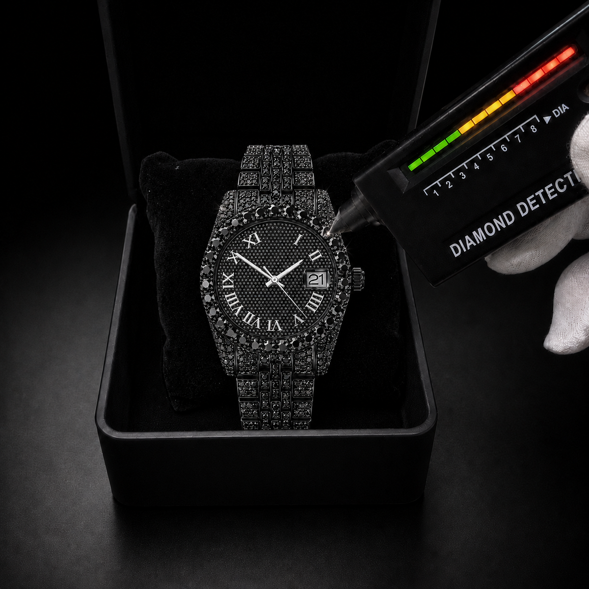 Black Iced Roman Dial Watch with Full Black Stone Bracelet