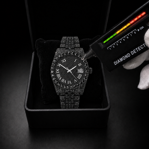 Black Iced Roman Dial Watch with Full Black Stone Bracelet