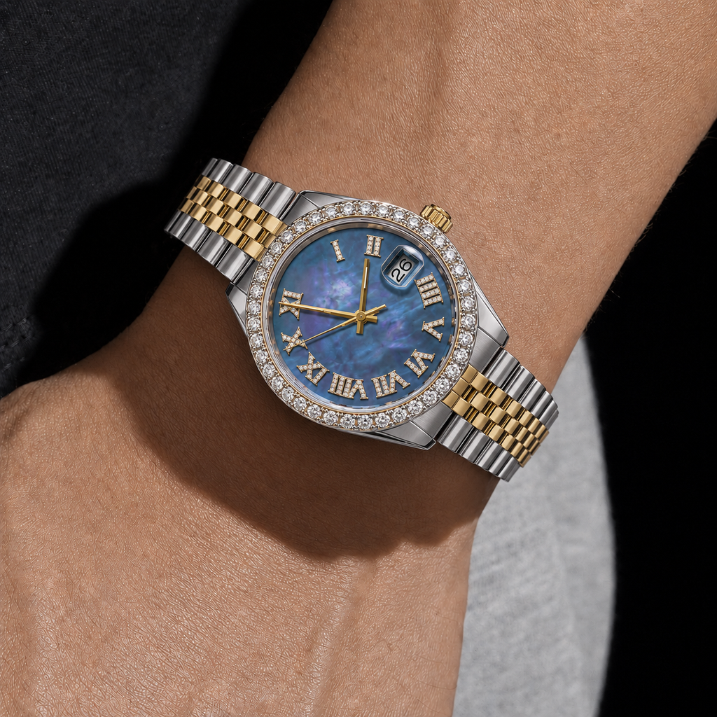 Two-Tone Blue Mother of Pearl Roman Dial Moissanite Watch
