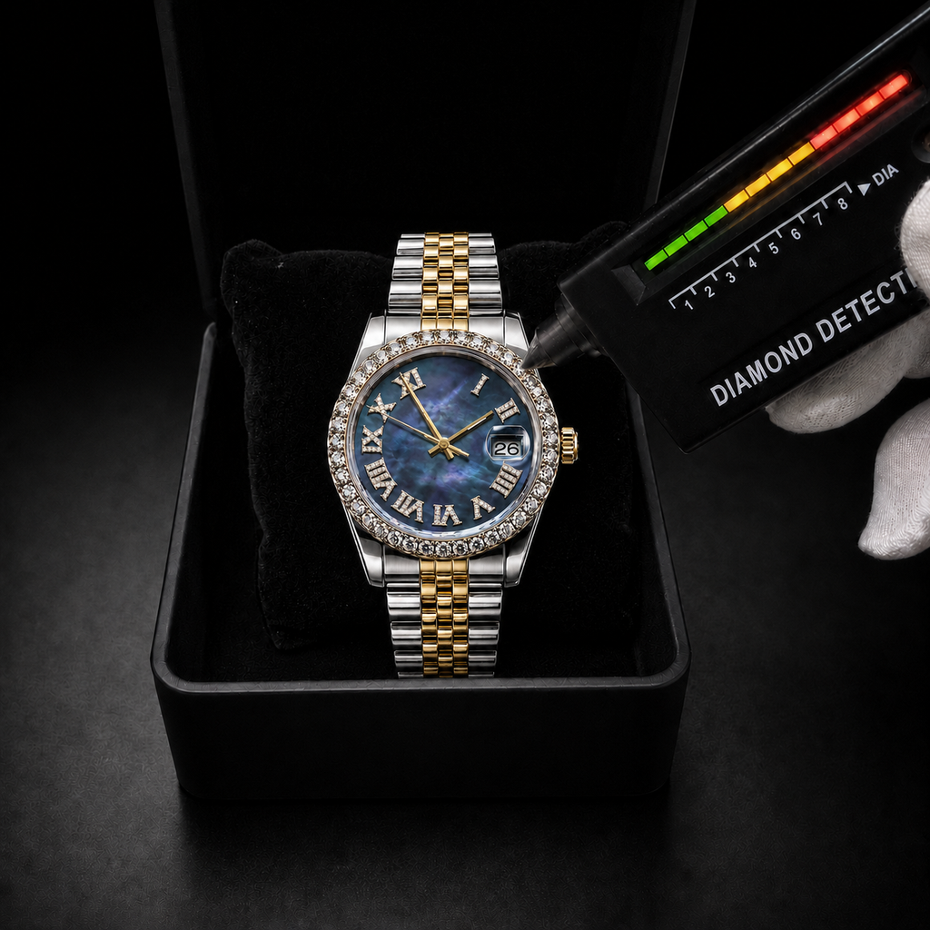 Two-Tone Blue Mother of Pearl Roman Dial Moissanite Watch
