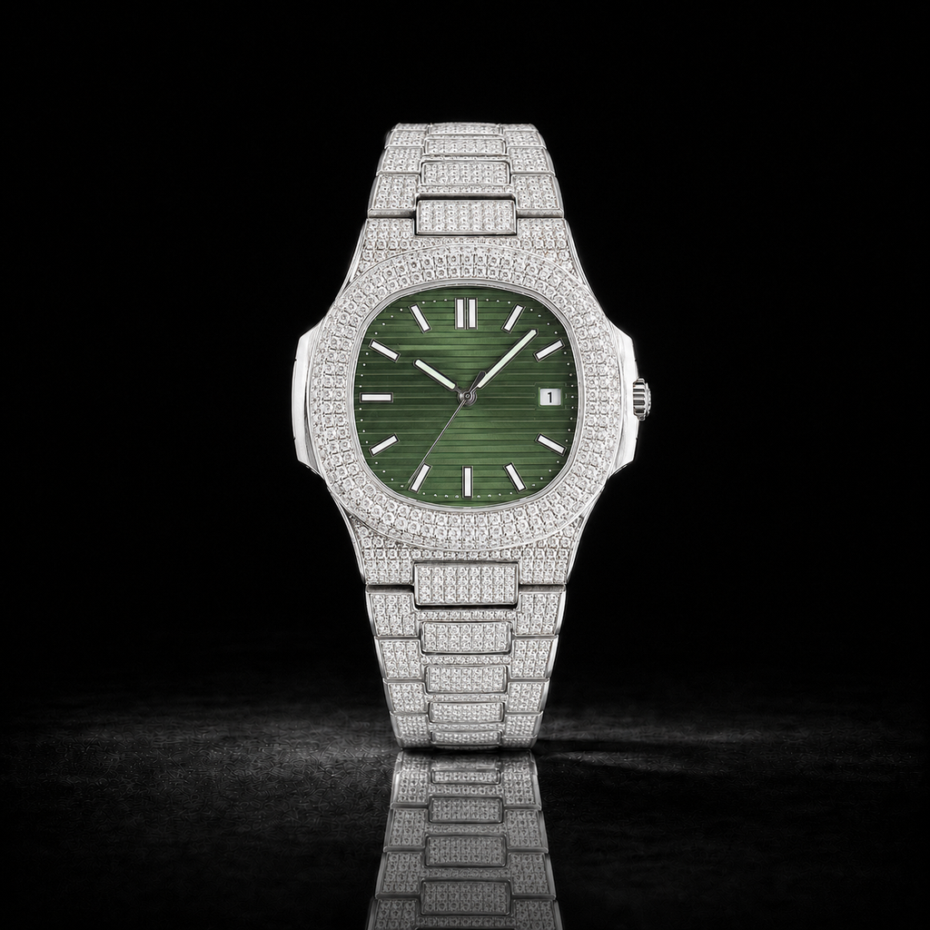 Full Iced Silver Green Dial Moissanite Watch with Integrated Bracelet