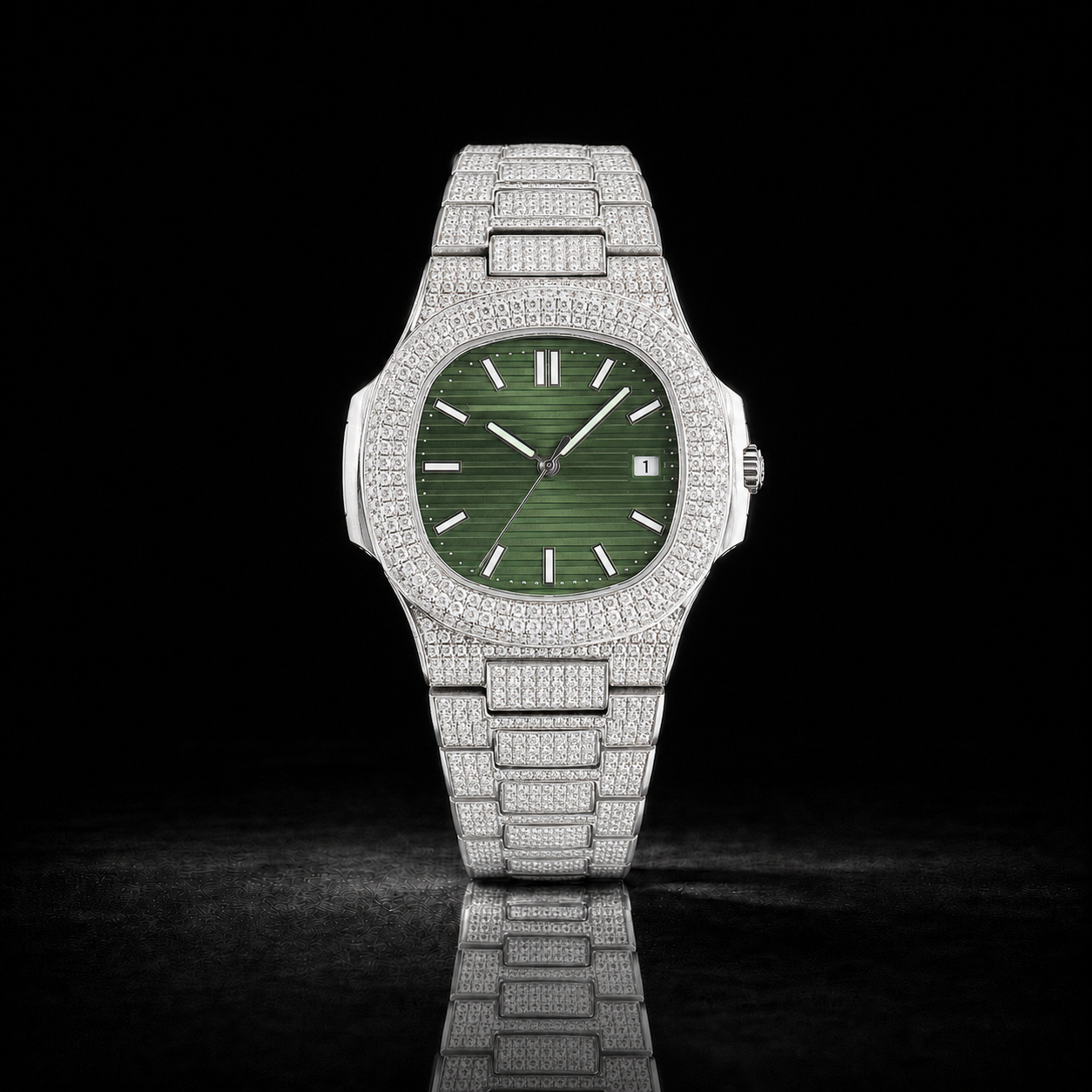 Full Iced Silver Green Dial Moissanite Watch with Integrated Bracelet