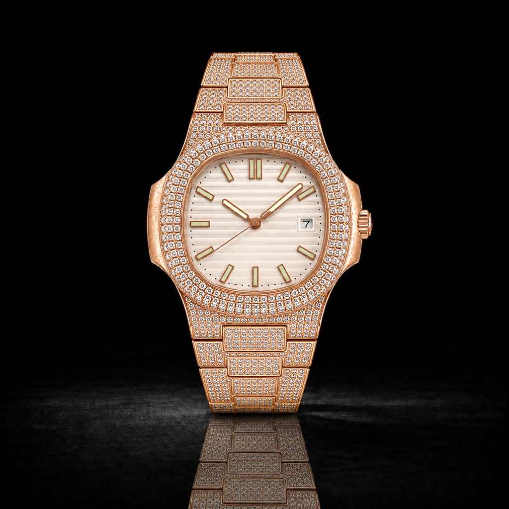Rose Gold Full Iced Moissanite Watch with White Textured Dial