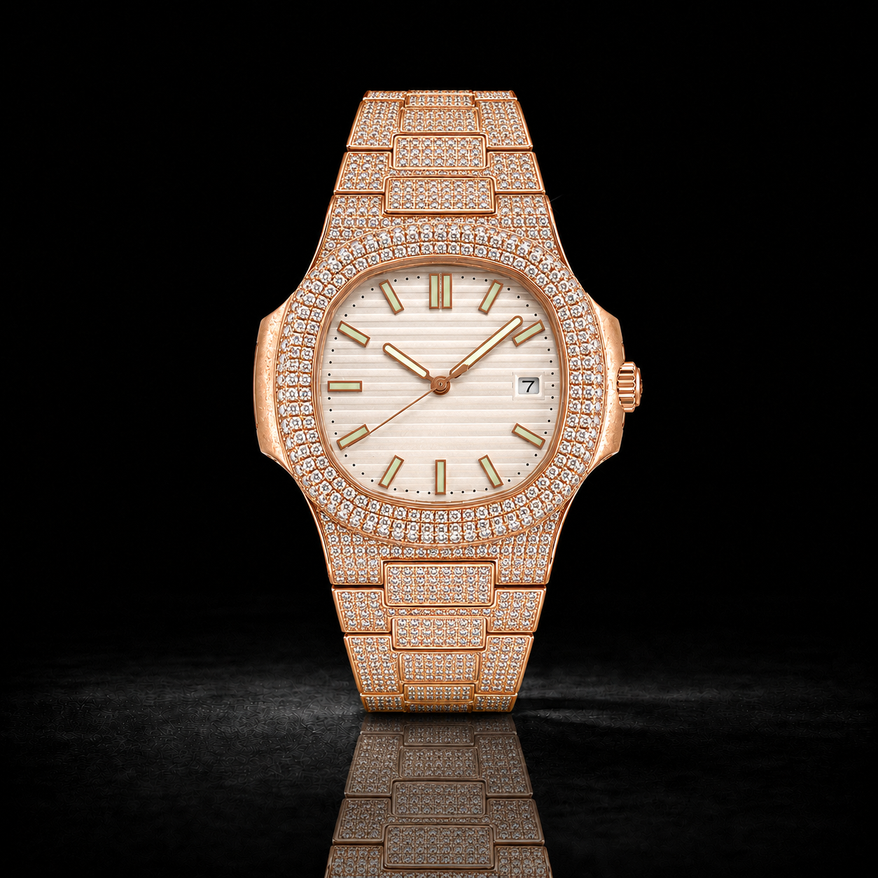 Rose Gold Full Iced Moissanite Watch with White Textured Dial