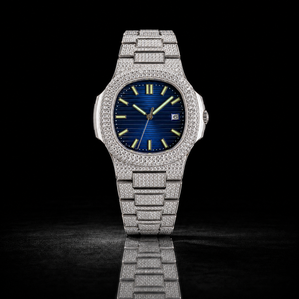 Full Iced Silver Blue Dial Moissanite Watch