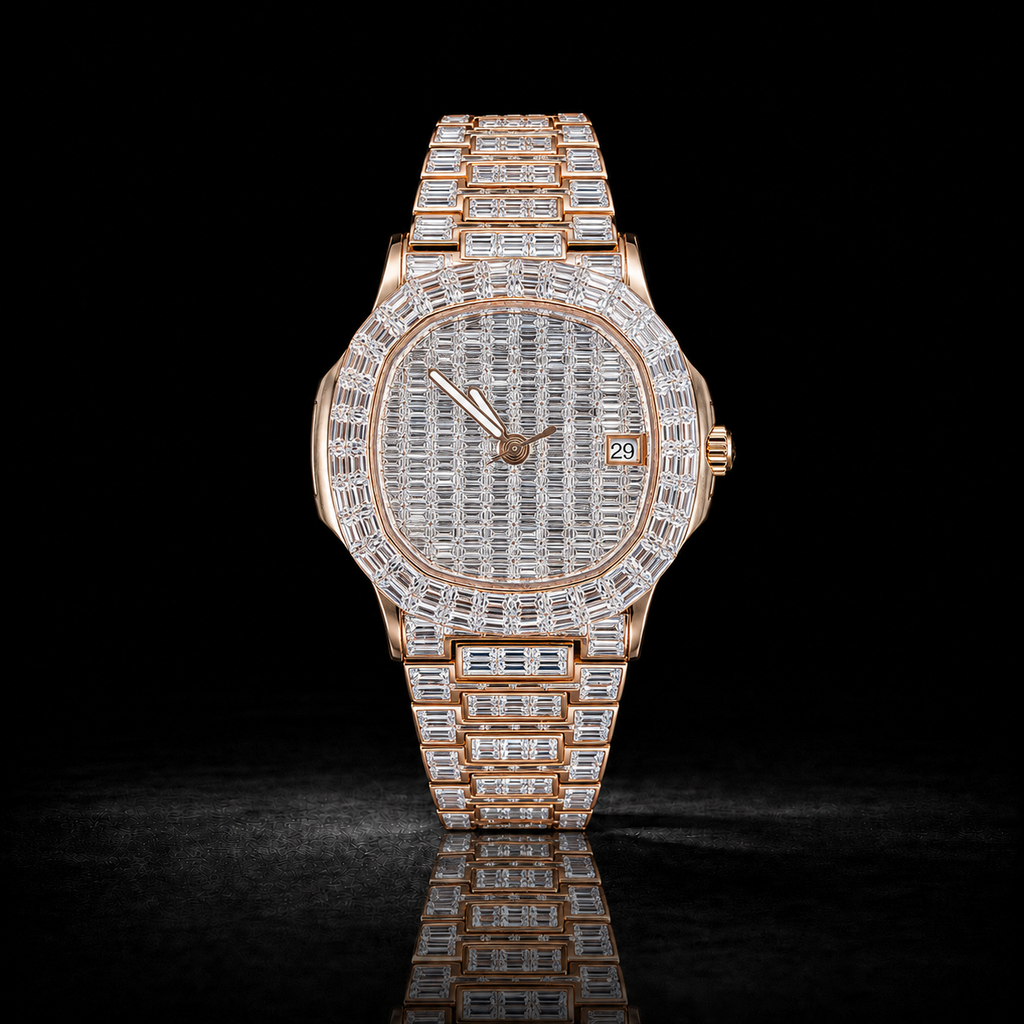 Luxury Rose Gold Baguette Moissanite Watch – Fully Iced Out VVS D Color Diamond Watch | 40MM