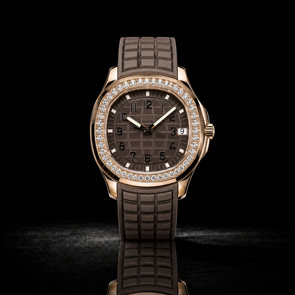 Rose Gold Brown Dial Moissanite Watch with Rubber Strap