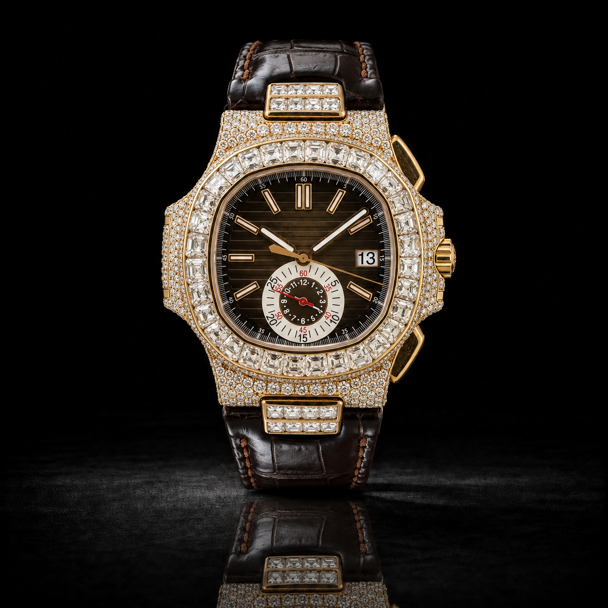 Gold Baguette Bezel Moissanite Watch with Brown Leather Strap