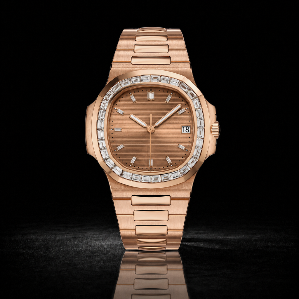 Rose Gold Baguette Bezel Watch with Textured Dial