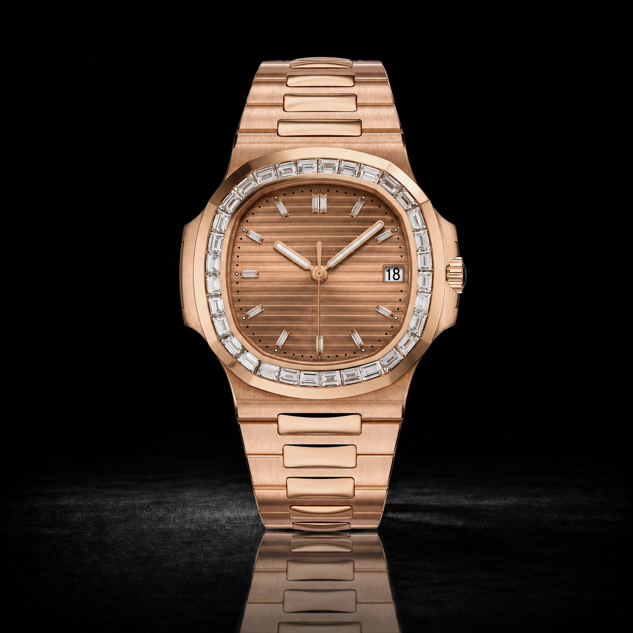 Rose Gold Baguette Bezel Watch with Textured Dial