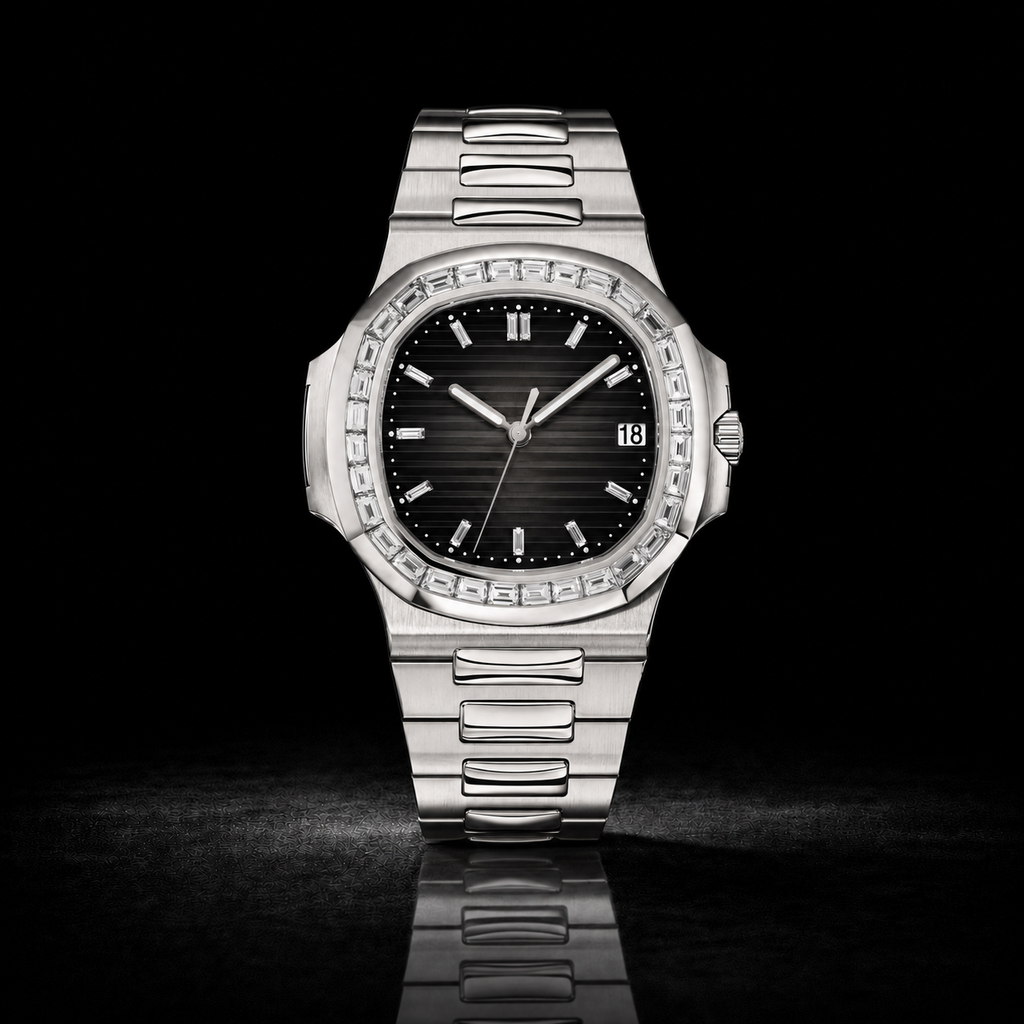 Silver Baguette Bezel Watch with Black Textured Dial