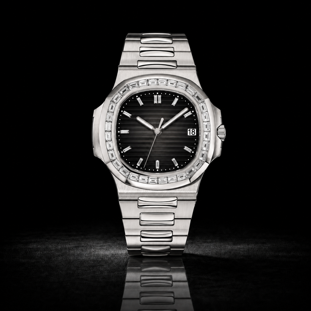 Silver Baguette Bezel Watch with Black Textured Dial