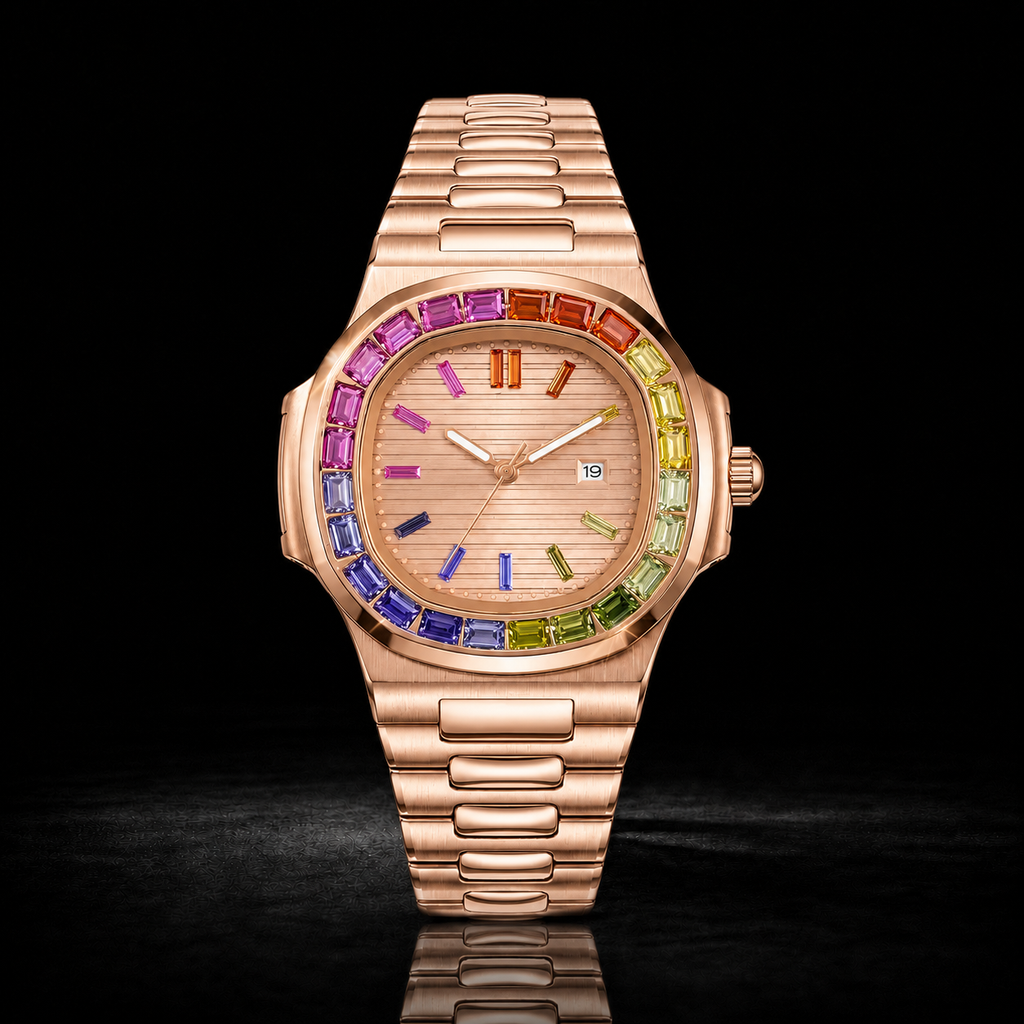 Luxury Rainbow Gemstone Bezel Rose Gold Watch – 40MM Premium Multi-Color Sapphire Style Timepiece