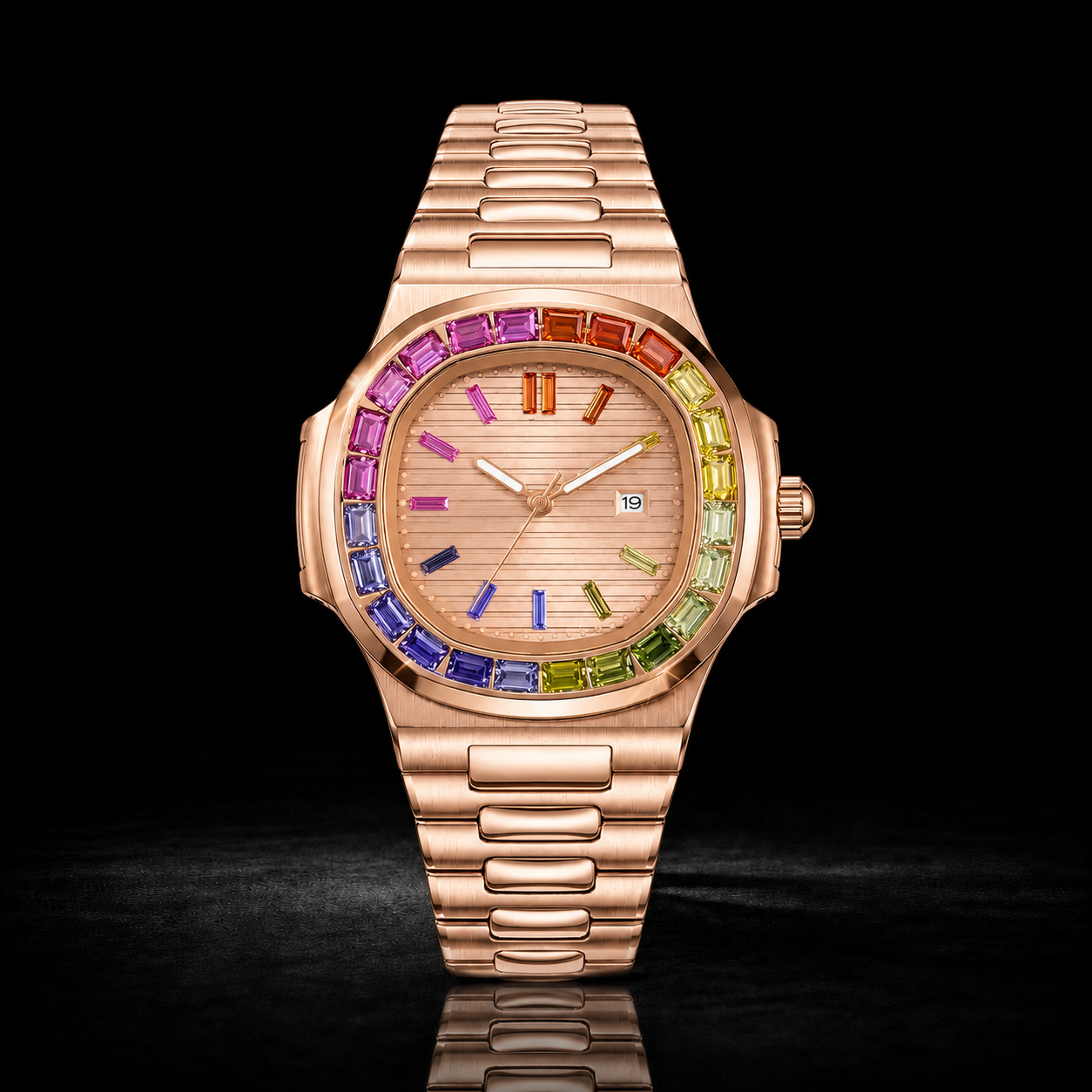 Luxury Rainbow Gemstone Bezel Rose Gold Watch – 40MM Premium Multi-Color Sapphire Style Timepiece