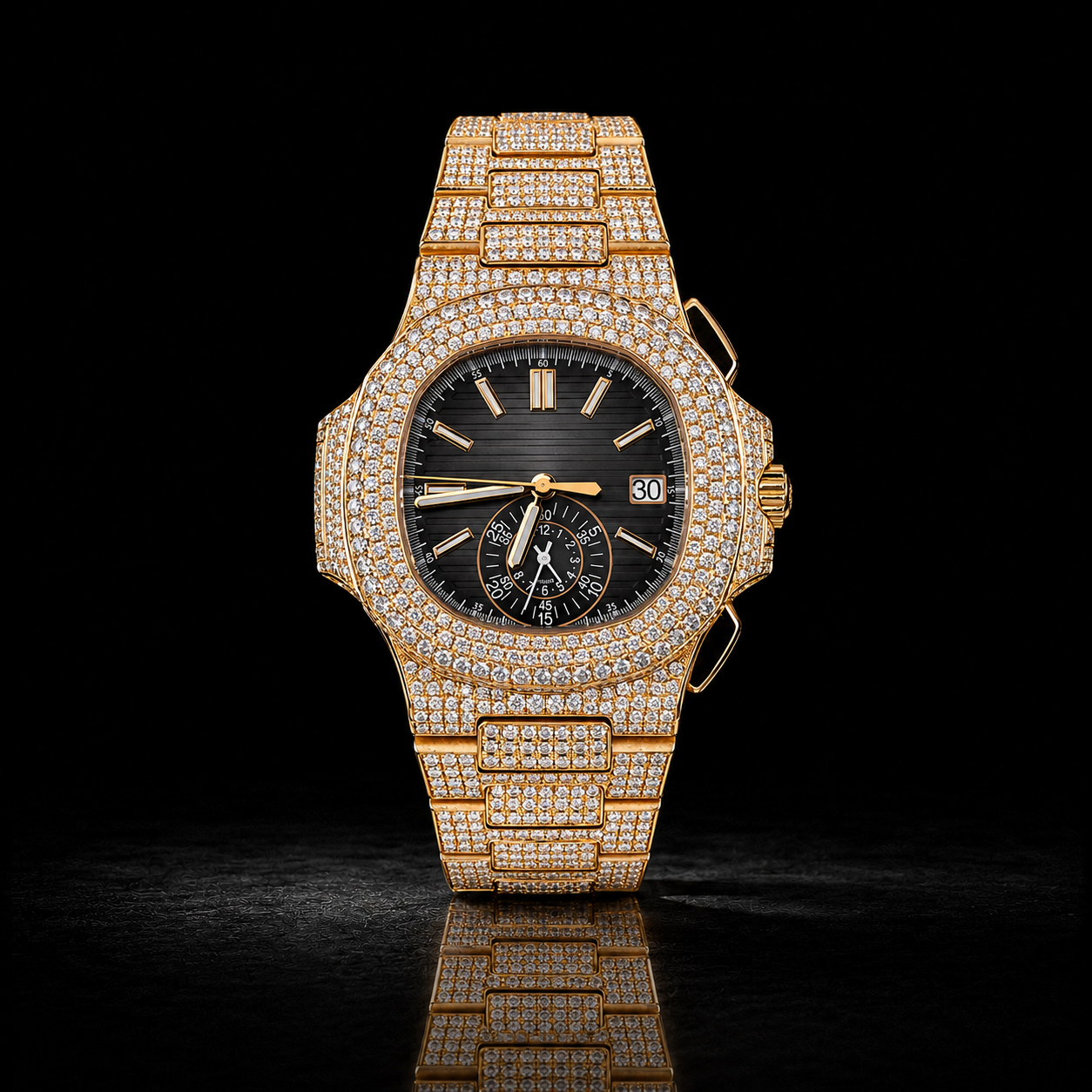 Luxury Fully Iced Out Yellow Gold Moissanite Chronograph Watch – 41MM VVS D Color Diamond Watch
