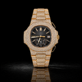 Full Gold Iced Moissanite Watch with Black Dial & Sub-Dial