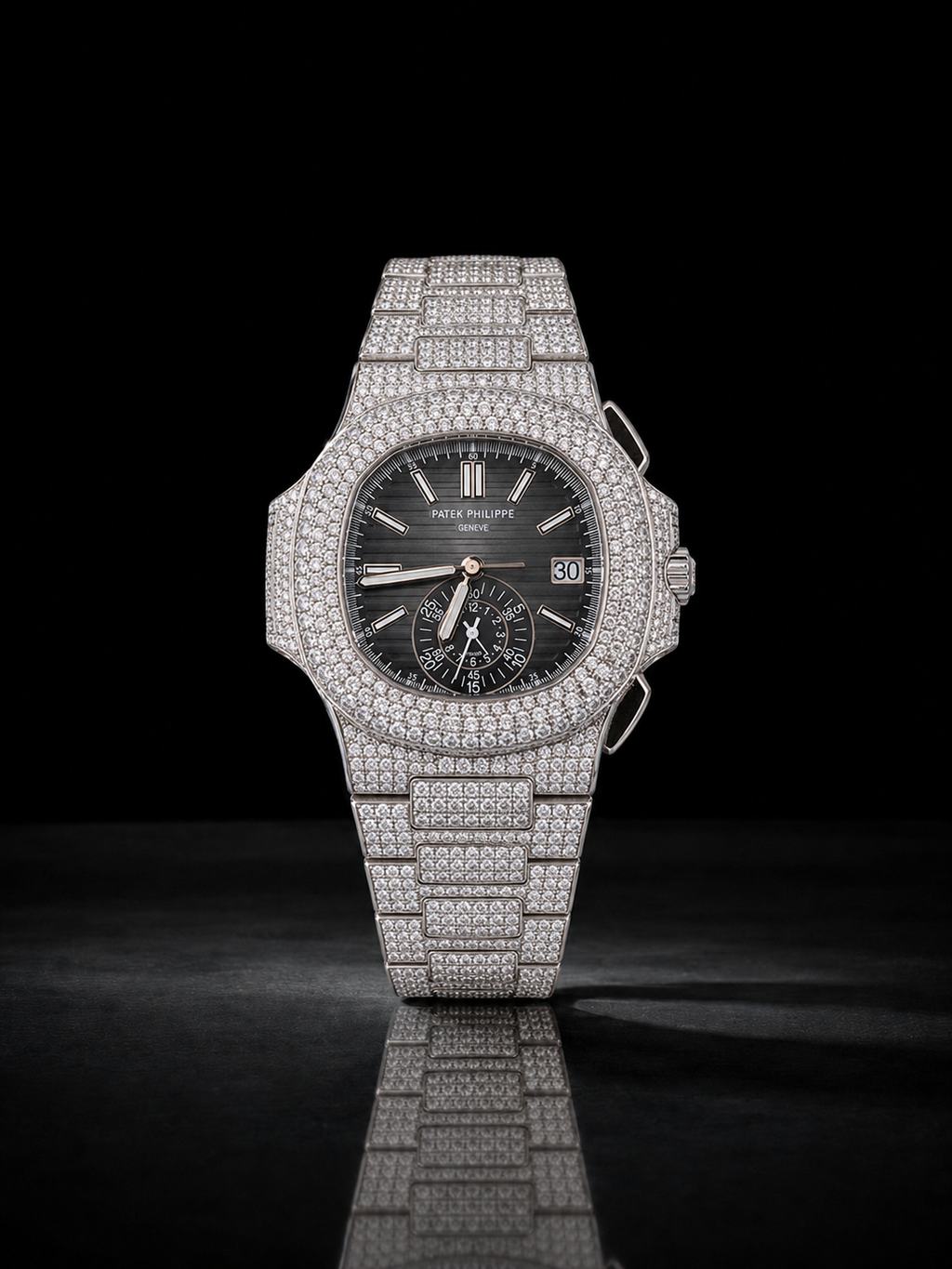Full Iced Silver Moissanite Watch with Black Dial & Sub-Dial