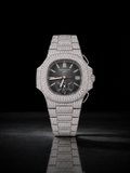Full Iced Silver Moissanite Watch with Black Dial & Sub-Dial
