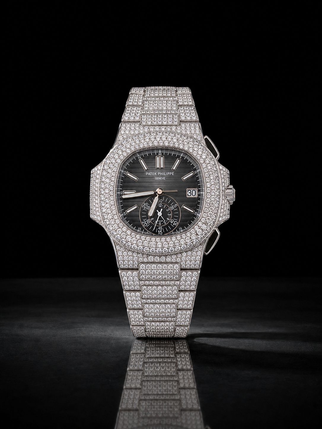 Full Iced Silver Moissanite Watch with Black Dial & Sub-Dial