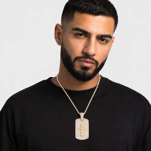 14K Gold Moissanite Dog Tag Cross Pendant | 925 Silver VVS Religious Tag Jewelry