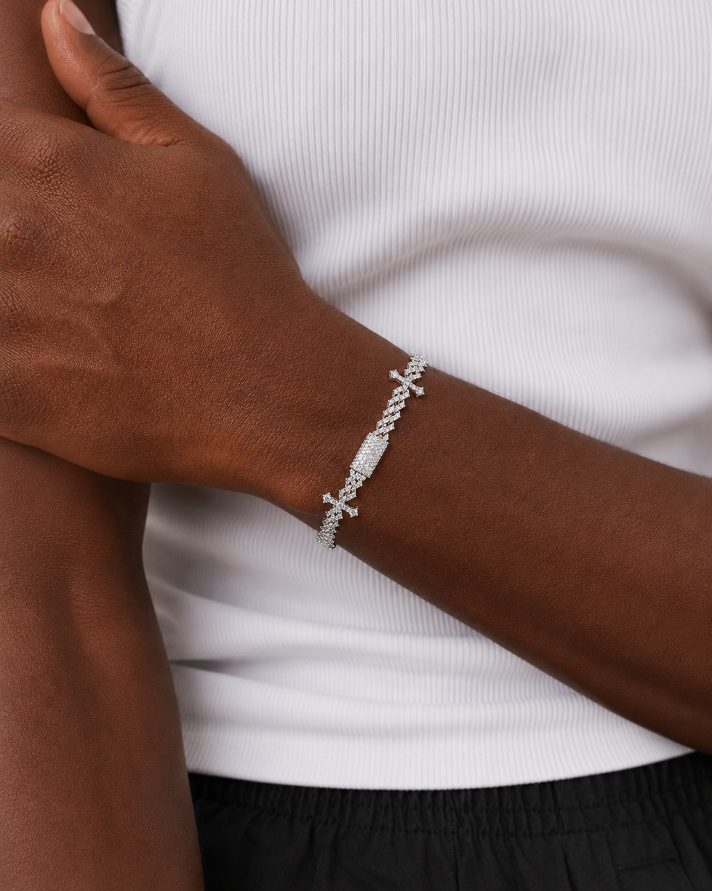 Iced Out Cross Charm Cuban Bracelet 14K White Gold Plated Bracelet