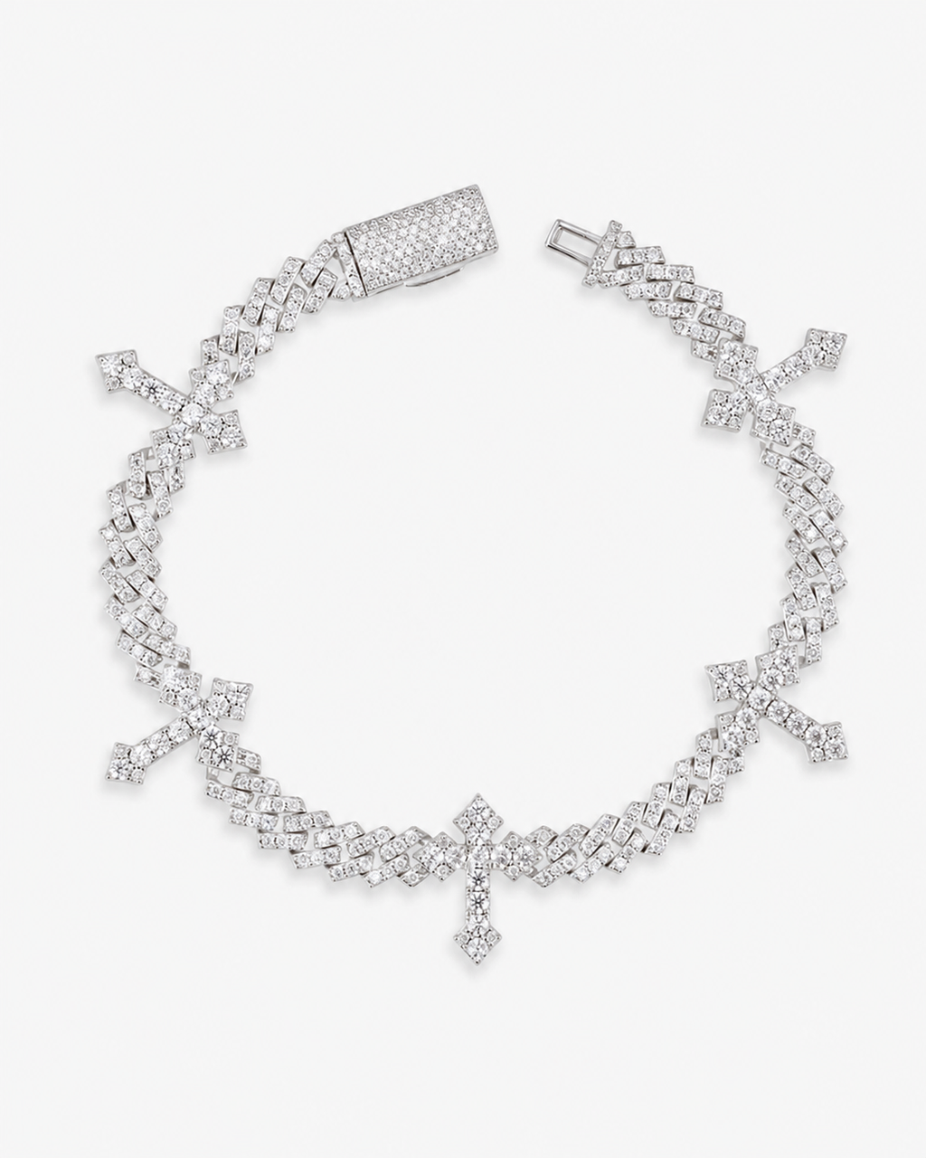 Iced Out Cross Charm Cuban Bracelet 14K White Gold Plated Bracelet