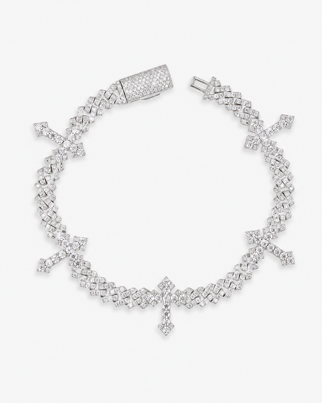 Iced Out Cross Charm Cuban Bracelet 14K White Gold Plated Bracelet