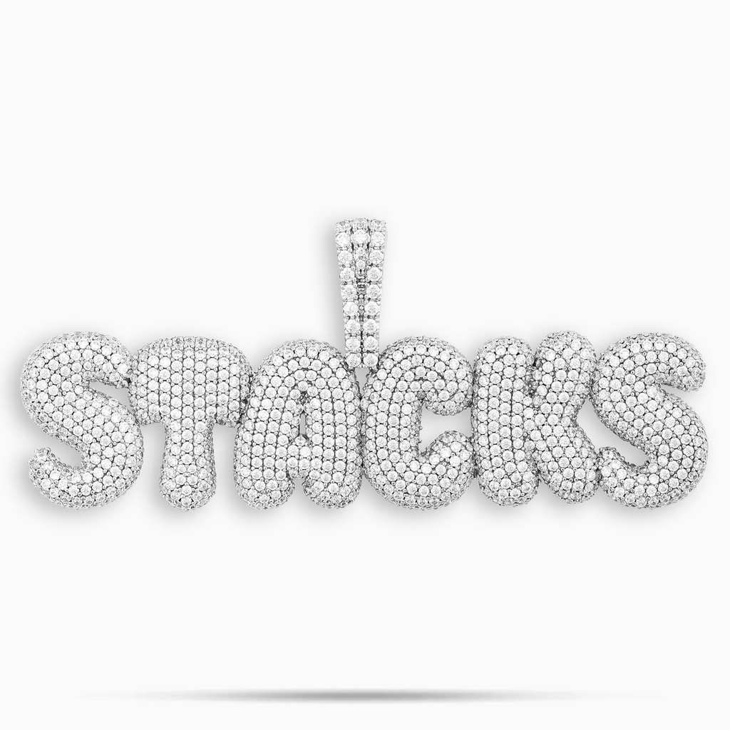 Custom Bubble Name Moissanite Pendant – 14K White Gold Finish